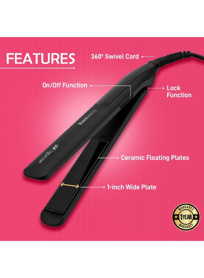 أي كونيك مكواة فرد الشعر «إيكونيك بلاك بيوتي» للنساء، مزودة بألواح عائمة مطلية بالسيراميك، مع ميزة قفل المقبض، وتقنية التسخين الفوري، فائقة النحافة وخفيفة الوزن، مناسبة للسفر، ومناسبة لجميع أنواع الشعر. - Image 3